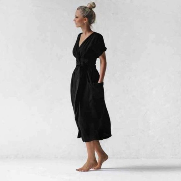 Linen Midi Wrap Dress Black Size Small - Picture 2 of 8